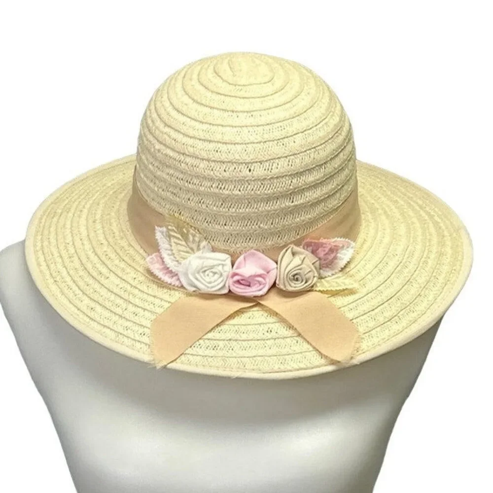 Vintage Woven Straw Womens Cottage Core Country Sun Hat w Pink Fabric Roses - Picture 1 of 2